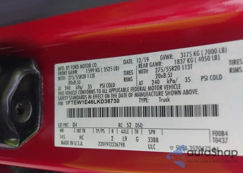 2020 Ford F-150 Lariat z USA, uszkodzony, nr VIN 1FTEW1E46LKD38730